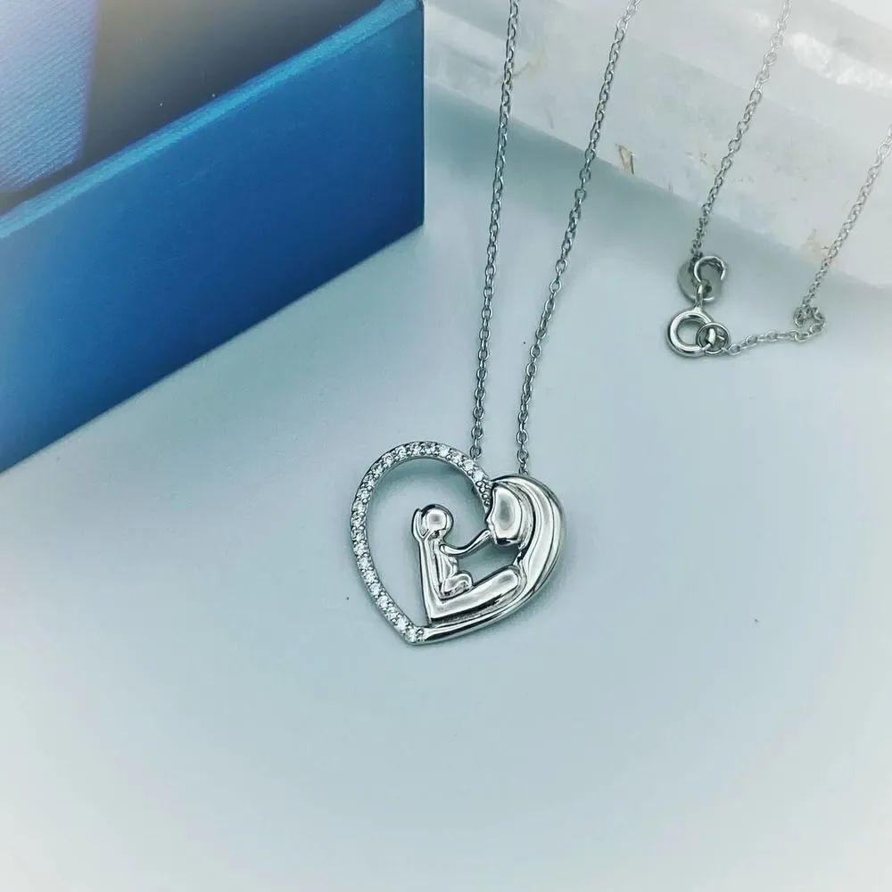 Mom & Child Sterling Silver CZ Heart Necklace